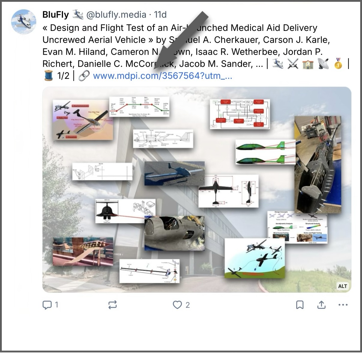 A screenshot of a social post on Bluesky. A grey arrow is superimposed over the image and it points to the domain name « mdpi.com » just above the photo. The latter consists of a montage of fifteen figures taken from the academic paper entitled « Design and Flight Test of an Air-Launched Medical Aid Delivery Uncrewed Aerial Vehicle » by Samuel A. Cherkauer, Carson J. Karle, Evan M. Hiland, Cameron N. Brown, Isaac R. Wetherbee, Jordan P. Richert, Danielle C. McCormick, Jacob M. Sander, Max A. Welliver, Jackson A. Karlik, Nicholas Barrick, Zackary J. Bauer, and Brian D. Roth of Embry-Riddle Aeronautical University, published on October 30, 2025. The figures illustrate both the configuration of the subject aircraft and various aspects of its construction and operating characteristics.  Original caption from source: « In the case of a link embedded in the text of the post, the domain name of the source organisation is shown right after the 🔗 emoji. » (📸 BluFly 🛩️ Media)