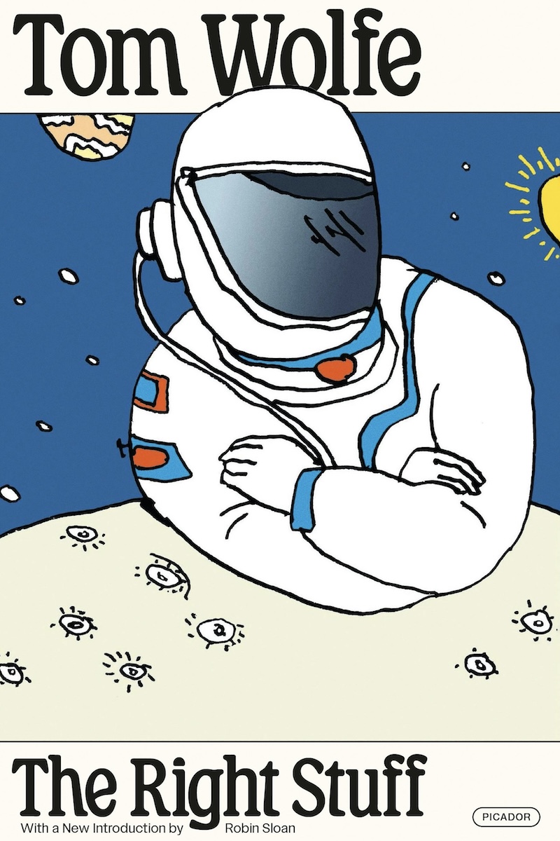 The cover of the book 'The Right Stuff' by Tom Wolfe. It consists of a cartoon rendering of a spaceman leaning on a small version of the Moon. (📸 Macmillan Publishers)