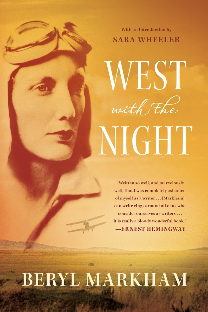 The cover of the book 'West with the Night' by Beryl Markham. It consists primarily of an image of the author as a young woman, wearing a leather flying helmet along with goggles pushed up over the top of her head. (📸 Macmillan Publishers)