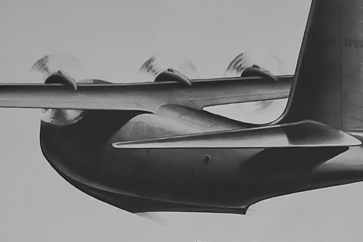 An advertisement from an old magazine with an artistic rendering of a large, flying boat. The headline reads « 28 Tons Sitting on Nothing »