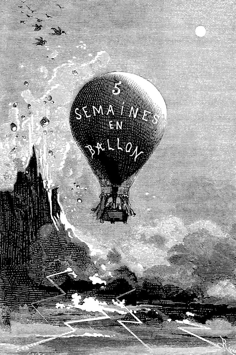 A vintage, black and white line illustration from a book, wherein a balloon with '5 SEMAINES EN BALLON' flies over a mountainous landscape.
