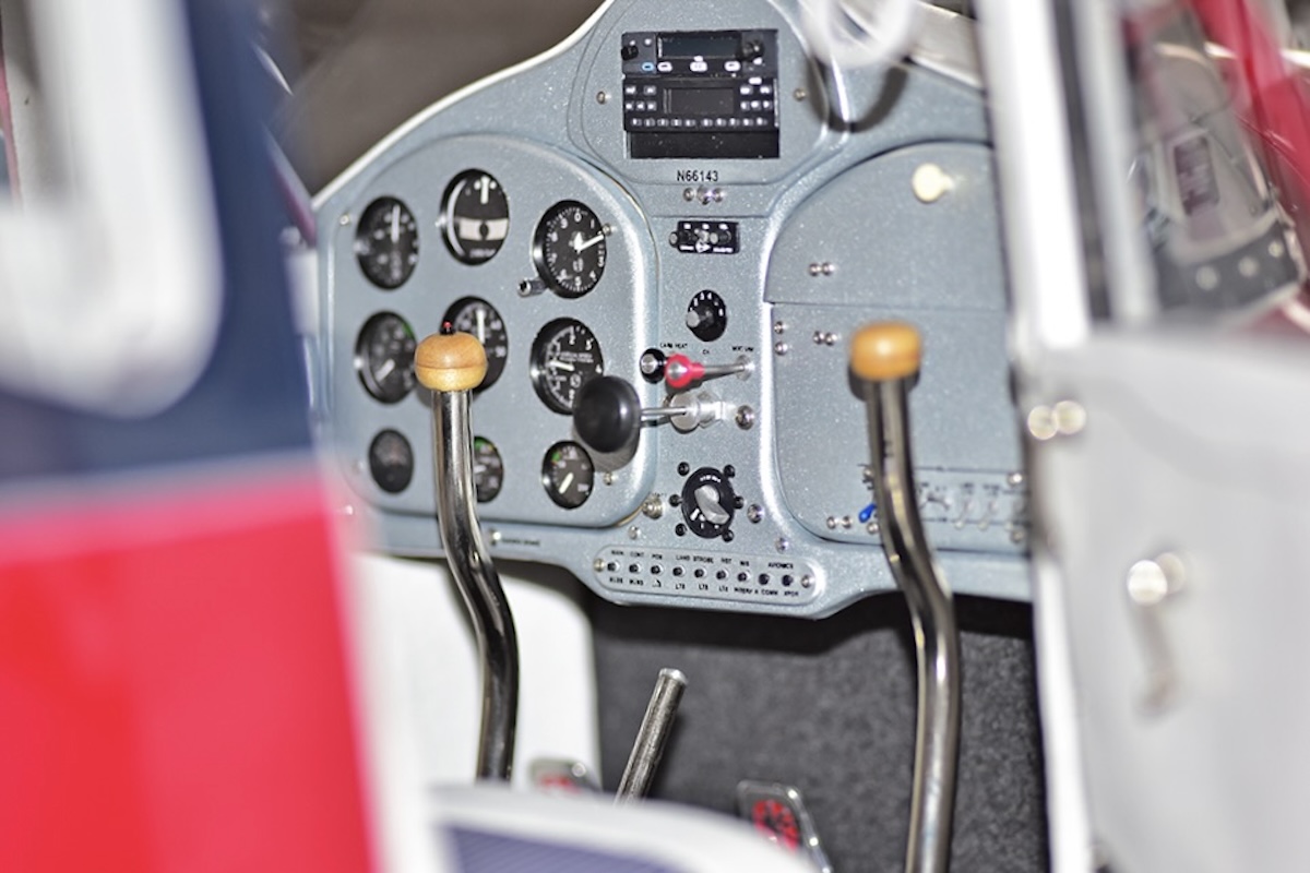 The interior of a Fairchild 24 radio-controlled model aircraft, looking through the right door, at the instrument panel. It is indistinguishable from the real thing.