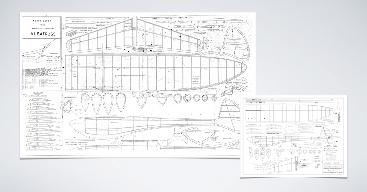 A montage of two images on a neutral grey background: the larger of the two is on the left of the frame and it's a black and white image of the original plans for a model glider. In the top left is a title block with the words « AEROPICCOLA ¶ TORINO ¶ AEROMODELLO VELEGGIATORE ¶ ALBATROSS ». Below the title block is a line drawing of the glider in flight. The rest of the plans illustrate various assembled components of the framework of the glider, such as the horizontal stabiliser, wing, fuselage, along with detailed drawings for the individual parts used in construction. All are presented in enough detail to facilitate fabrication of the model aircraft. The small image is to the right and it's roughly the same image, also in black and white, but seemingly drawn recently and with modern equipment. The title block, in this case at the bottom left, also has the word « ALBATROSS ». Original caption from source: « The original Albatross plans from Aeropiccola on the left, and the beautiful new drawings by Roberto Viti from which a DXF can be generated for laser cutting of the parts. » (📸 Aeropiccola and Roberto Viti artefacts montaged by BluFly Media)