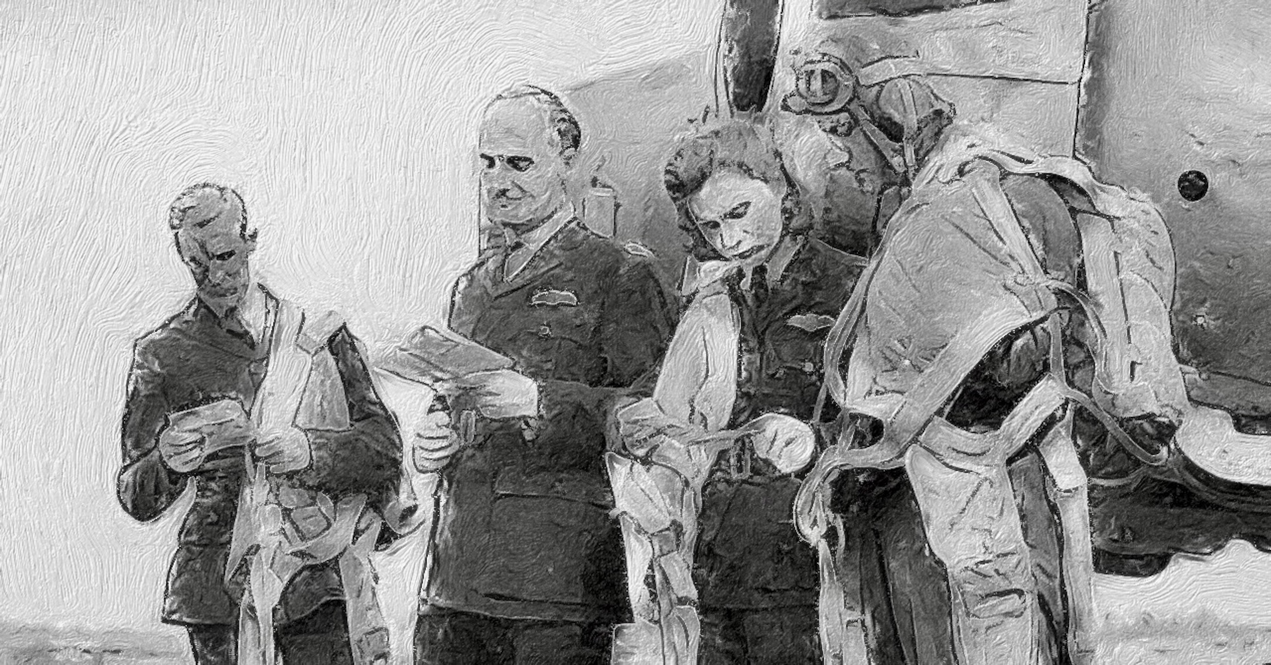Three men and a woman stand in front of an aircraft. The three on the left are dressed in air force uniforms, whereas the fourth, on the right, is dressed in a flight suit and has a parachute over one shoulder. The woman is second from the right. All of them are looking down at a small sheaf of papers in their hands. Original caption form source: « Image from the Betty Ellice Beaumont personal collection. ¶ Air Transport Auxiliary pilots (one a woman) with parachutes in front of an Avro Anson. White Waltham Aerodrome. » (📸 ©2025 Air Force Museum of New Zealand, ID 1988-1132.9_p4, under CC BY-NC 2.0 and processed with the Brushstroke app to simulate a hand-drawn appearance with either pencil or charcoal.)