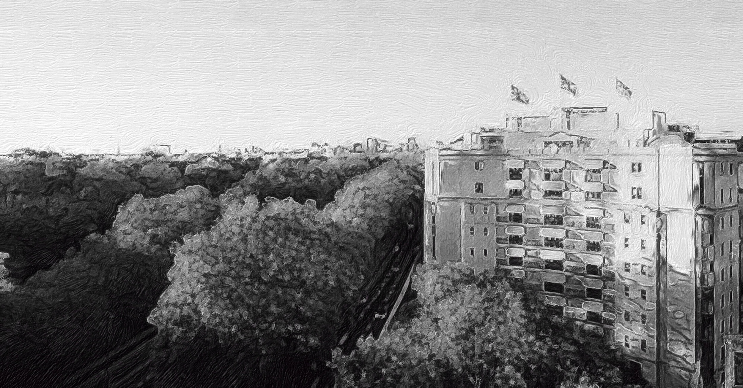 A black and white image of the Dorchester Hotel in London, United Kingdom. The front facade of the building is offset to the right of the frame, and while indistinct in the processed image, the lighting appears to be sunset given the shadows being cast. To the left of the hotel's face, a leafy forest is visible filling the balance of the frame all the way to the left margin and out to the horizon. On the horizon itself, low buildings are visible. The sky is monochromatic grey which is blue in the colour equivalent of the image prior to it being processed. (📸 ©2025 Dorchester Collection. The image has been cropped and then processed with the Brushstroke app to simulate a hand-drawn appearance with either pencil or charcoal.)