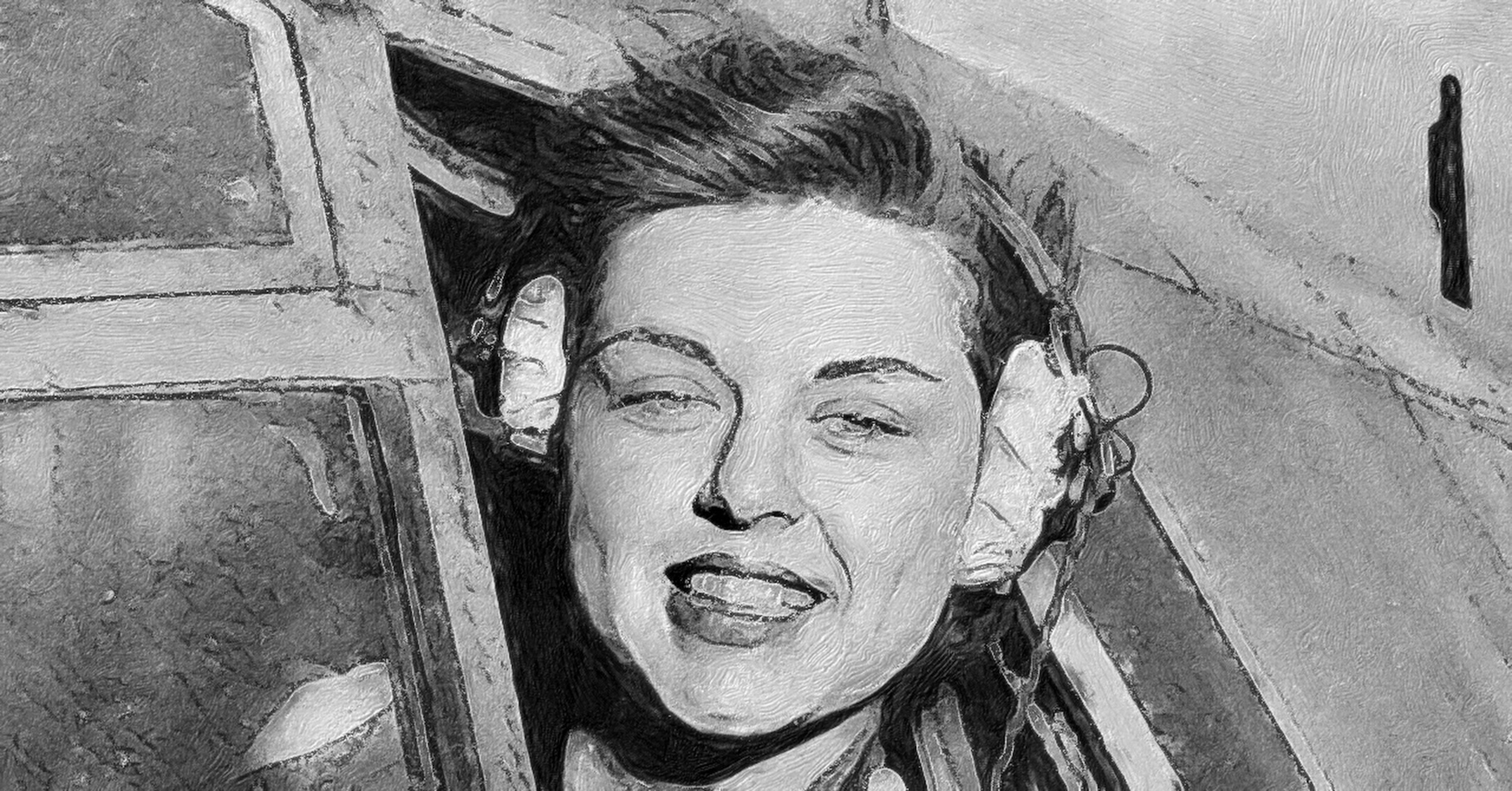 An attractive woman leans out of the open window of a fairly large aircraft, in which she is sitting in the pilot's seat (ie. the left seat). The image is tightly cropped to her face. She is looking directly at the camera. She has a bright smile, twinkling eyes, and perfect, straight teeth. She also has well-defined eyebrows and unblemished skin. Her hair is short, seems curly, but is mostly hidden by the pilot's headphones she is wearing. The framework of the cockpit windscreen is visible to the left of her face. The riveted structure of the fuselage is visible to the right. Original caption from source: « Harlingen Army Air Field, Texas — Elizabeth L. Remba Gardner of Rockford, Illinois, WASP (Women's Airforce Service Pilots), Class: 43-W-6, takes a look around before sending her plane streaking down the runway at the Harlingen Army Airfield, Texas, ca. 1930–1975. Note: Almost certainly this dates from 1942–1944, part of a project of having women pilots move aircraft on the home front to free up more male pilots for combat duty. »(📸 US Department of the Air Force via Wikimedia in the public domain. The image has been cropped and then processed with the Brushstroke app to simulate a hand-drawn appearance with either pencil or charcoal.)