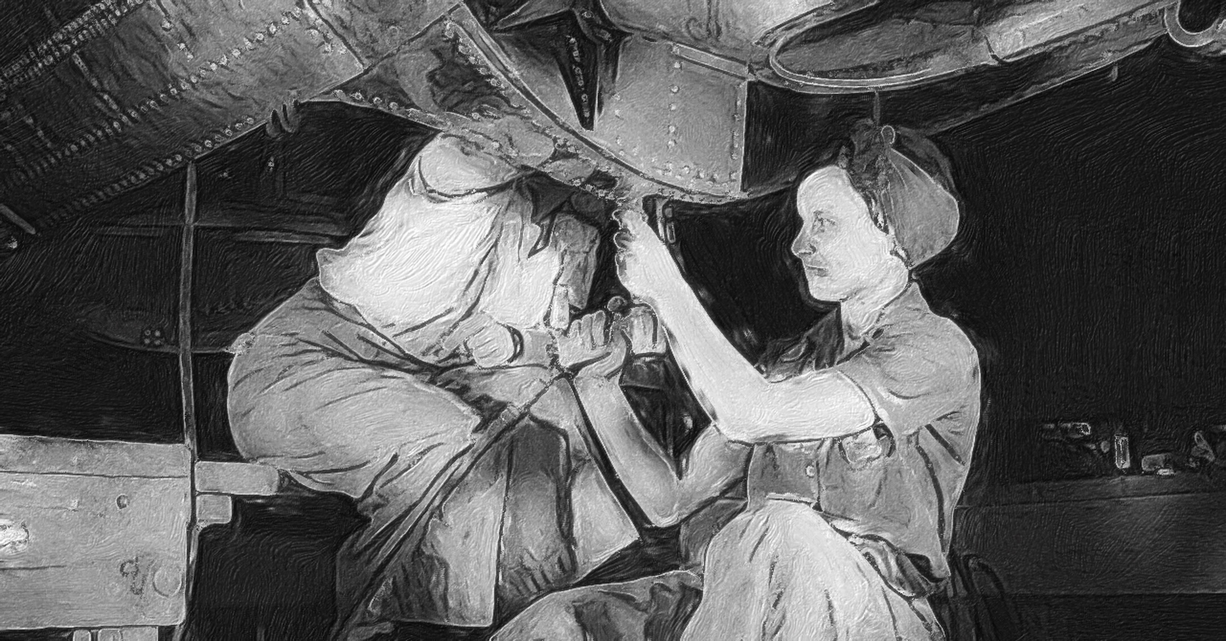 A colour image of two women working beneath the aluminum fuselage of an aircraft which is under construction. Both are dressed in work clothes appropriate for factory workers in the 1940s. One woman, wearing a red headscarf, is holding a pneumatic rivet gun in a vertical orientation. The second woman is up inside the fuselage and can only be seen from the shoulders down. Presumably, she is holding the bucking bar against which the rivets are being set. A heavy-duty workbench can be seen at the left of the frame. Original caption from source: « Women at work on bomber, Douglas Aircraft Company, Long Beach, Calif. » and « 1942 Oct. » (📸 Alfred T. Palmer via Library of Congress and noted as having « No known restrictions on publication ». The image has been cropped and then processed with the Brushstroke app to simulate a hand-drawn appearance.)