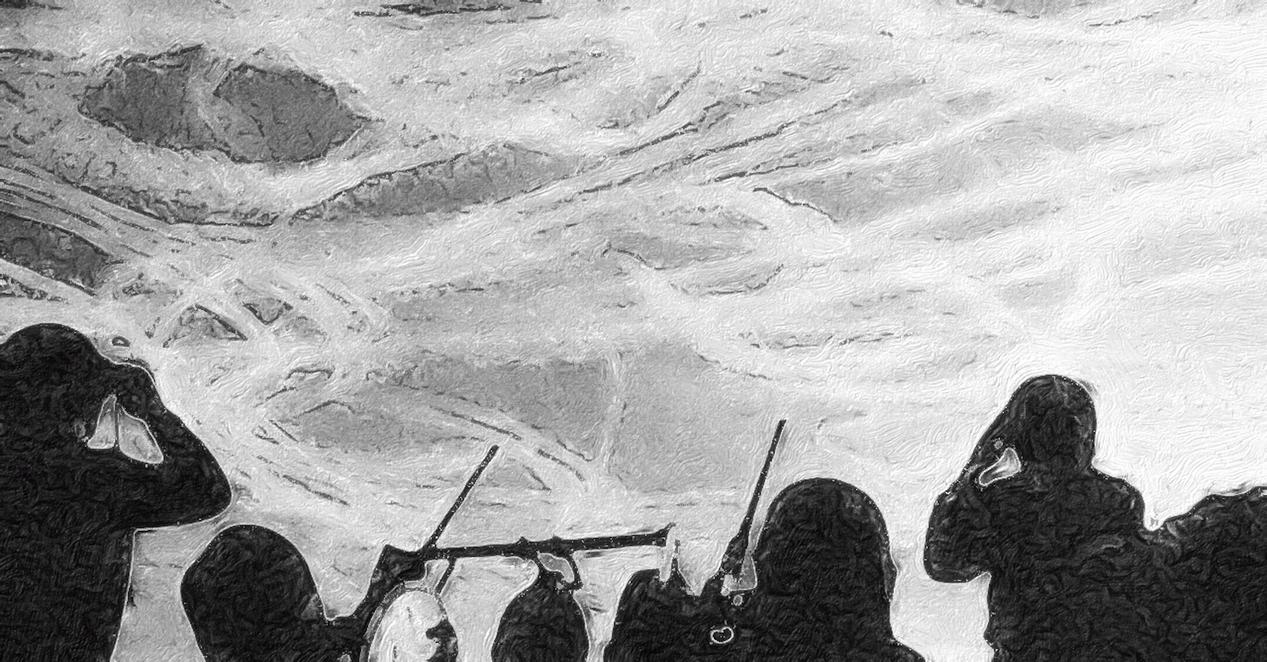 A black and white photo of an anti-aircraft battery observing an aerial battle, the latter in the form of a tangle of contrails in a clear sky. The battery personnel and equipment are simple silhouettes at the bottom of the frame. Original caption from source: « A British Anti-Aircraft Gunnery views contrails of battling aircraft over Britain » (📸 Unknown photographer, via Wikimedia, under CC BY-SA 4.0. The image has been cropped and then processed with the Brushstroke app to simulate a hand-drawn appearance with either pencil or charcoal.)