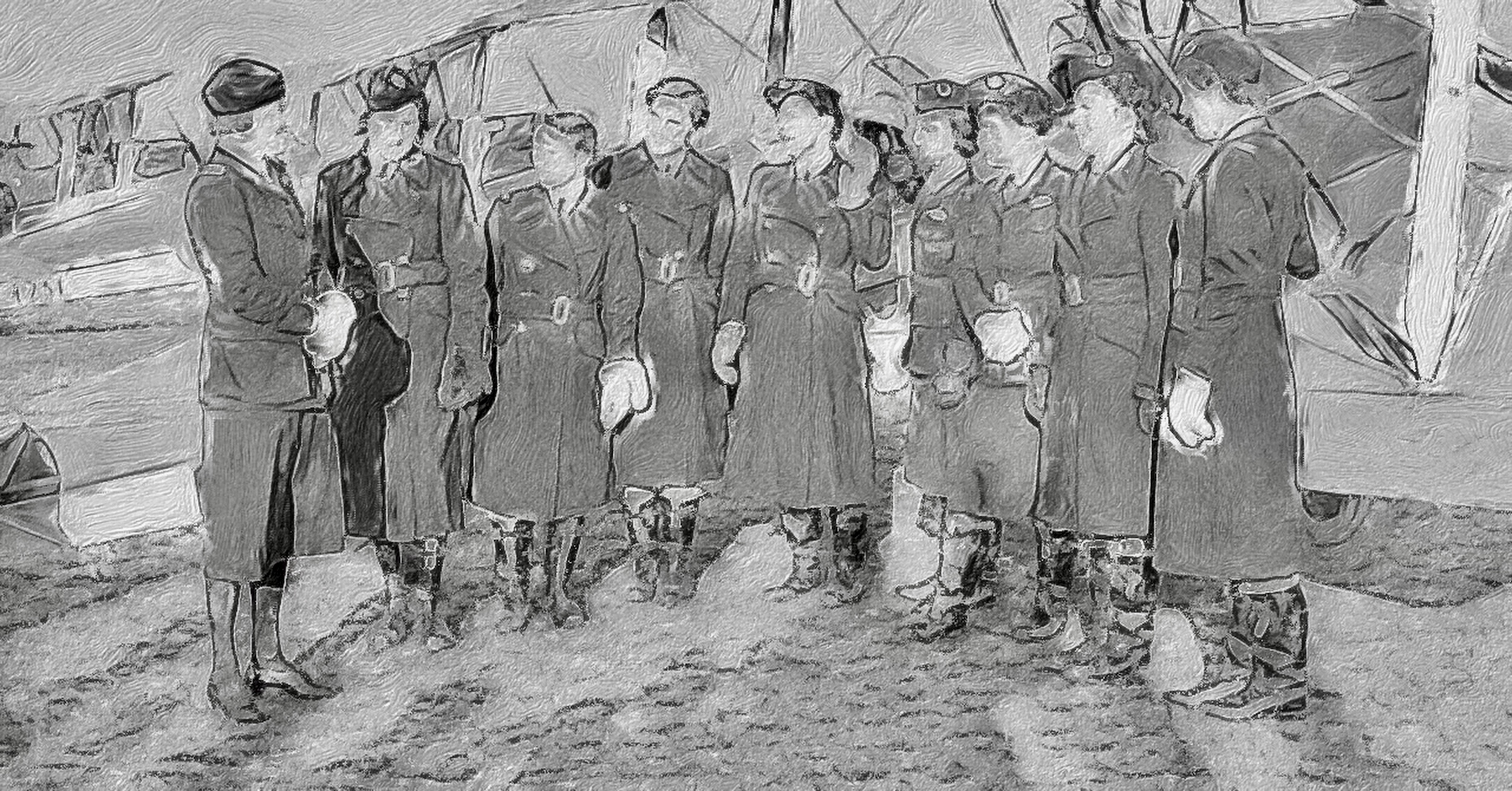 A group of nine women in air force uniforms stand in front of a group of airplanes. With the exception of the woman on the left, all are wearing long, heavy-looking coats and leather boots which come up to mid-calf. The woman on the left is wearing a shorter jacket and skirt. All but two of the women are wearing side caps. All are wearing gloves. Their hair is short. They appear to be engaged in a conversation with the woman on the left at whom they are all looking. Original caption form source: « The Air Transport Auxiliary, 1939-1945. ¶ Pauline Gower (far left), Commandant of the Women's Section of the ATA, stands with eight other founding female ATA pilots at Hatfield, Hertfordshire, by newly-completed De Havilland Tiger Moths awaiting delivery to their units. The other pilots are; (left to right), Mrs Winifred Crossley, Miss Margaret Cunnison, The Hon. Mrs Margaret Fairweather, Mona Friedlander, Miss Joan Hughes, Mrs G Paterson, Miss Rosemary Rees and Mrs Marion Wilberforce. » (📸 Mr. B.J.H. Daventry, Royal Air Force official photographer, under Crown Copyright and processed with the Brushstroke app to simulate a hand-drawn appearance with either pencil or charcoal.)