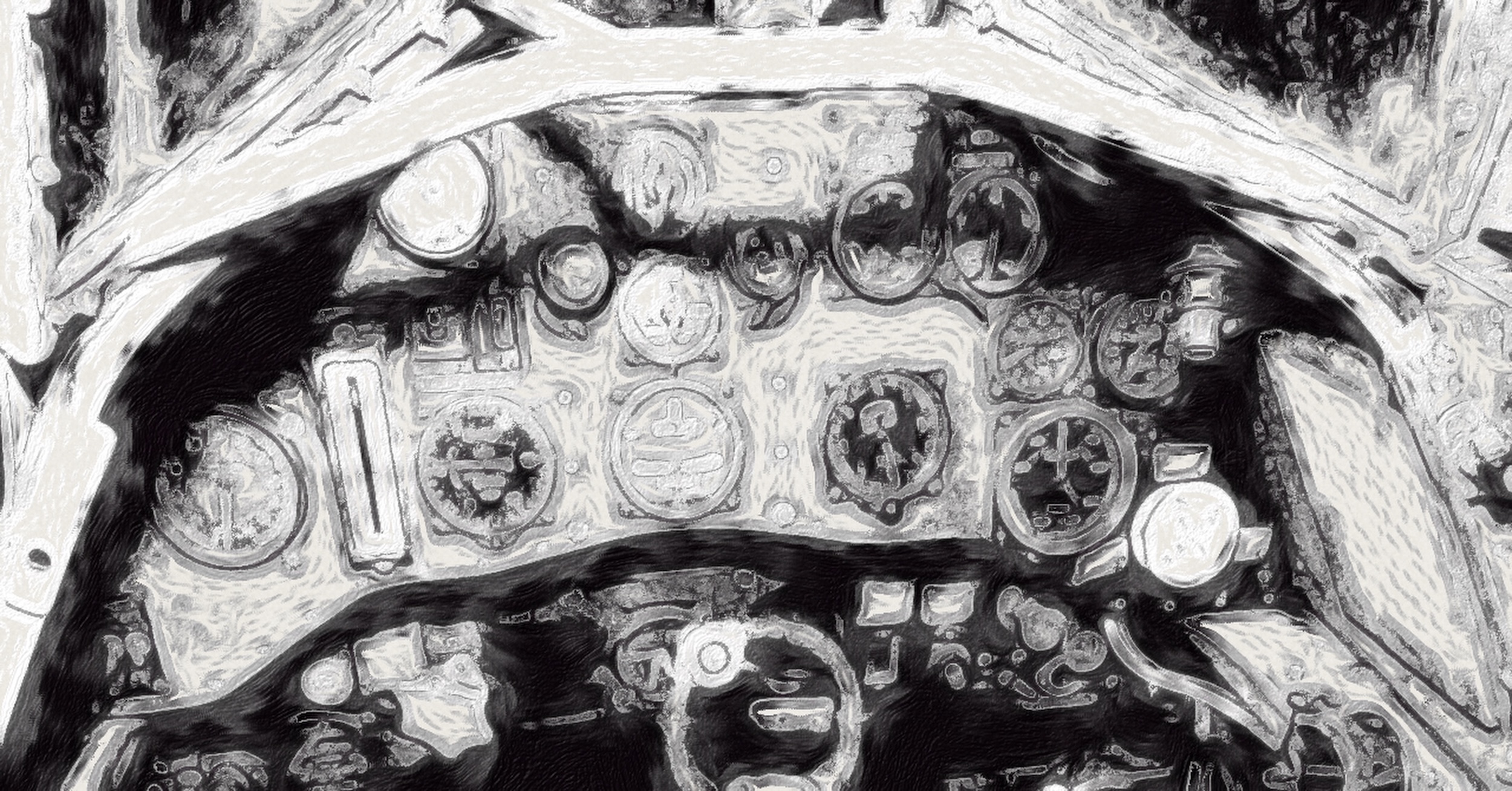 A black and white image of the cockpit interior of a Gloster 'Gladiator' military biplane. The image has been cropped so that the instrument panel alone is the predominant feature of the image. Also visible at the top of the frame is what appears to be a roll bar made of welded tubing. Visible at the bottom of the frame is the top of the control stick, which is circular and on which a button is mounted. The image has been digitally reprocessed so as to make it look drawn by hand. The reprocessing also obscures any and all text which appears on the panel. Original caption from source: « Gloster Gladiator cockpit. » (📸 Towpilot via Wikimedia under https://creativecommons.org/licenses/by-sa/3.0/deed.en, with image cropped and then processed with Brushstroke to simulate a hand-drawn appearance)