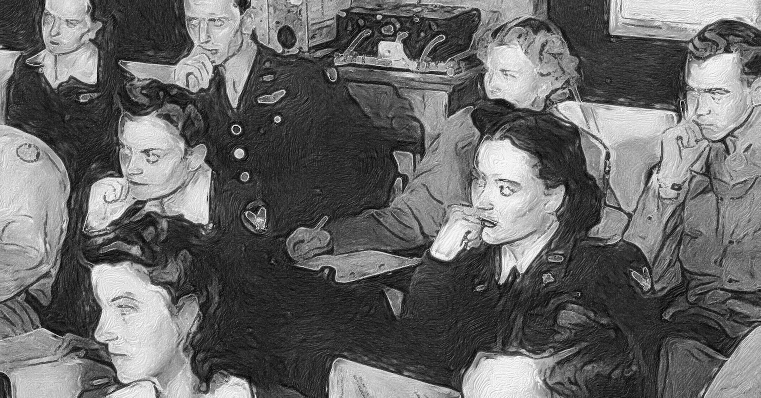 An old black-and-white photo of a group of men and women dressed in military uniforms and shown seated attending some sort of briefing or class. They are all listening intently to a speaker who is out of frame to the left. Original caption form source: « WASPs in classroom, Romulus Army Airfield, Michigan, 1944. » (📸 The United States Air Force Historical Support Division, ID 110111-D-7991K-003 in the public domain. The image has been cropped and then processed with the Brushstroke app to simulate a hand-drawn appearance with either pencil or charcoal.)