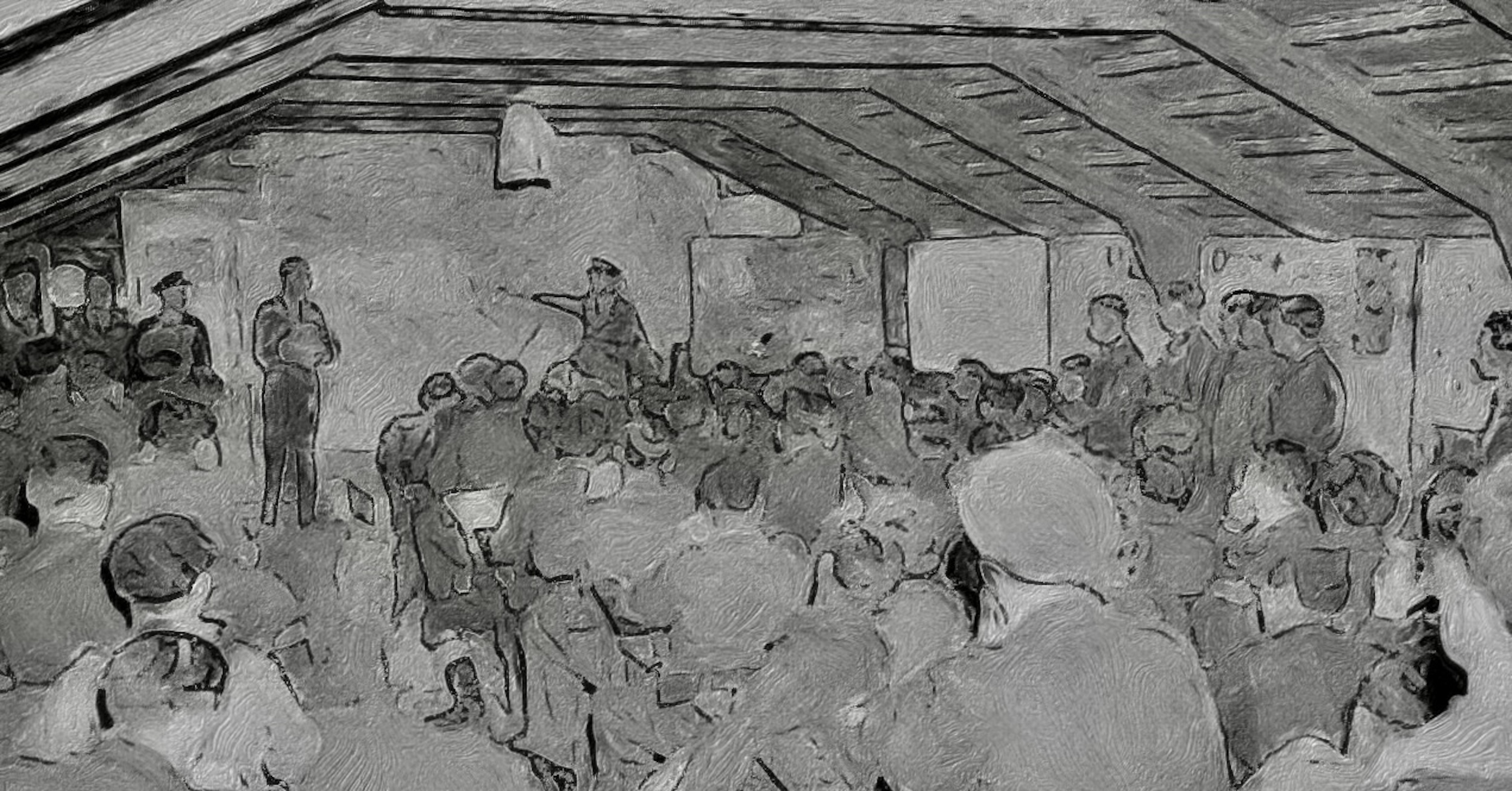 A group of people, most of whom appear to be in uniform, listen to a presentation by two people who are standing at a presentation board. They are in a large room with a wooden roof. The ceiling joists are visible, as well as the sheathing that forms the roof itself. Each joist starts with an angled segment which is attached to a horizontal segment which in turn is attached to another angled segment. This forms a gentle, arched roof over the assembly. Original caption from source: « Vickers Wellington aircrews of No. 40 Squadron RAF being briefed at Foggia Main, Italy, before undertaking a bombing raid on the railway yards at Sarajevo, Yugoslavia. » (📸 United Kingdom Government via Wikimedia, in the public domain. The image has been cropped and then processed with the Brushstroke app to simulate a hand-drawn appearance with either pencil or charcoal.)