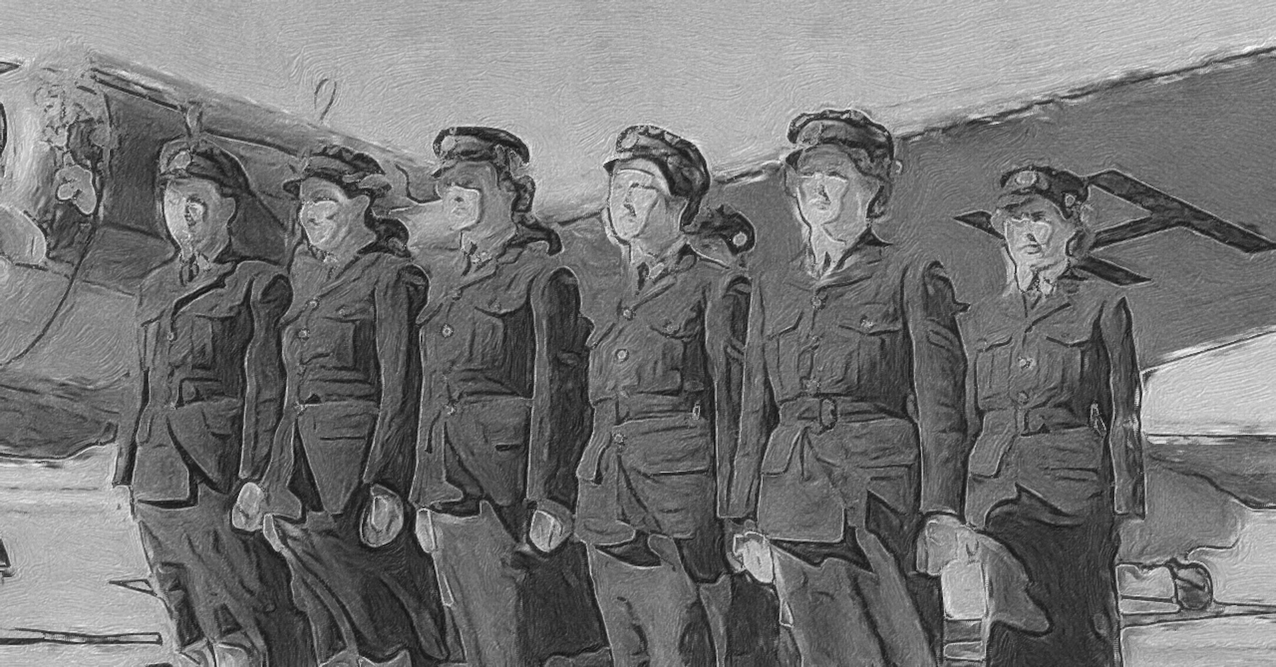An old black and white photo of a group of nine women dressed in formal uniforms of the Women's Auxiliary Australian Air Force, circa 1942. They are standing to attention with five in the line closest to the camera, and another four in a line behind them. It's possible there is a fifth person in the back line that is fully obscured. They are all standing in front of a large, twin-engine aircraft. On the left wing, left engine, the aft fuselage and part of the empennage are visible in the photograph. The only distinguishable marking on the aircraft behind them is a large letter « H » painted on the lower surface of the wing. (📸 State Library of South Australia, B 17540/62. The image has been cropped and then processed with the Brushstroke app to simulate a hand-drawn appearance with either pencil or charcoal.)