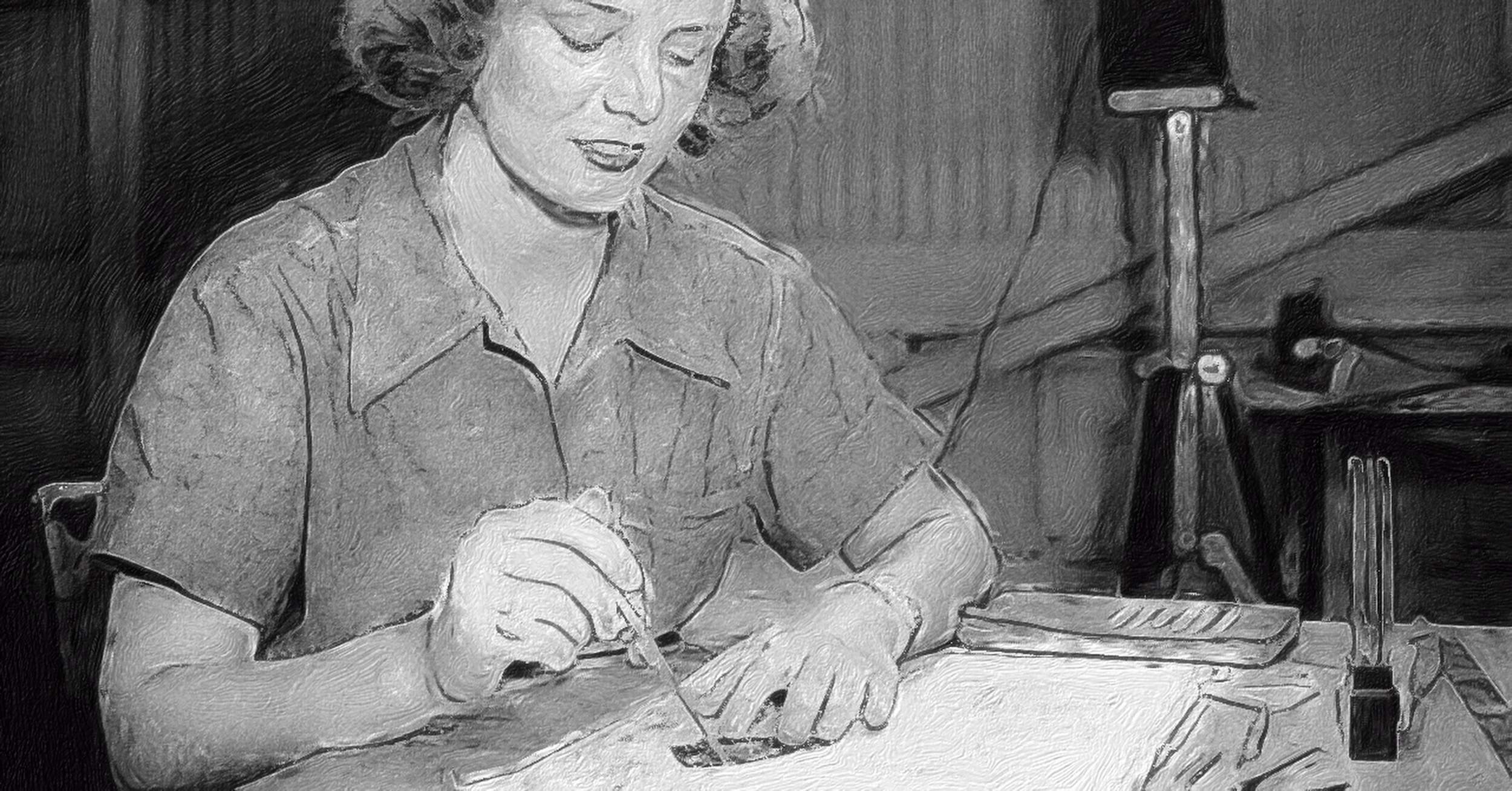 A black and white photo of a woman working at a table. She appears to be measuring a small metal part with a caliper or some dividers. She also appears to be comparing it to a working drawing which is also on the desk at which she is working. A book and other types of drawing equipment are also on the desk adjacent to the working drawing. Original caption from source: « Aviation Metalsmith 2nd Class Elizabeth Holbrook, USNR(W) … Checks a finished metal bracket against its blueprint, in a huge assembly and repair building at a Naval Air Station in the Hawaiian Islands, circa mid-1945. » The original photograph was in colour and the catalogue number for this photo is 80-G-K-5670. (📸 US Navy, now in the collections of the National Archives. The image has been cropped and then processed with the Brushstroke app to simulate a hand-drawn appearance with either pencil or charcoal.)