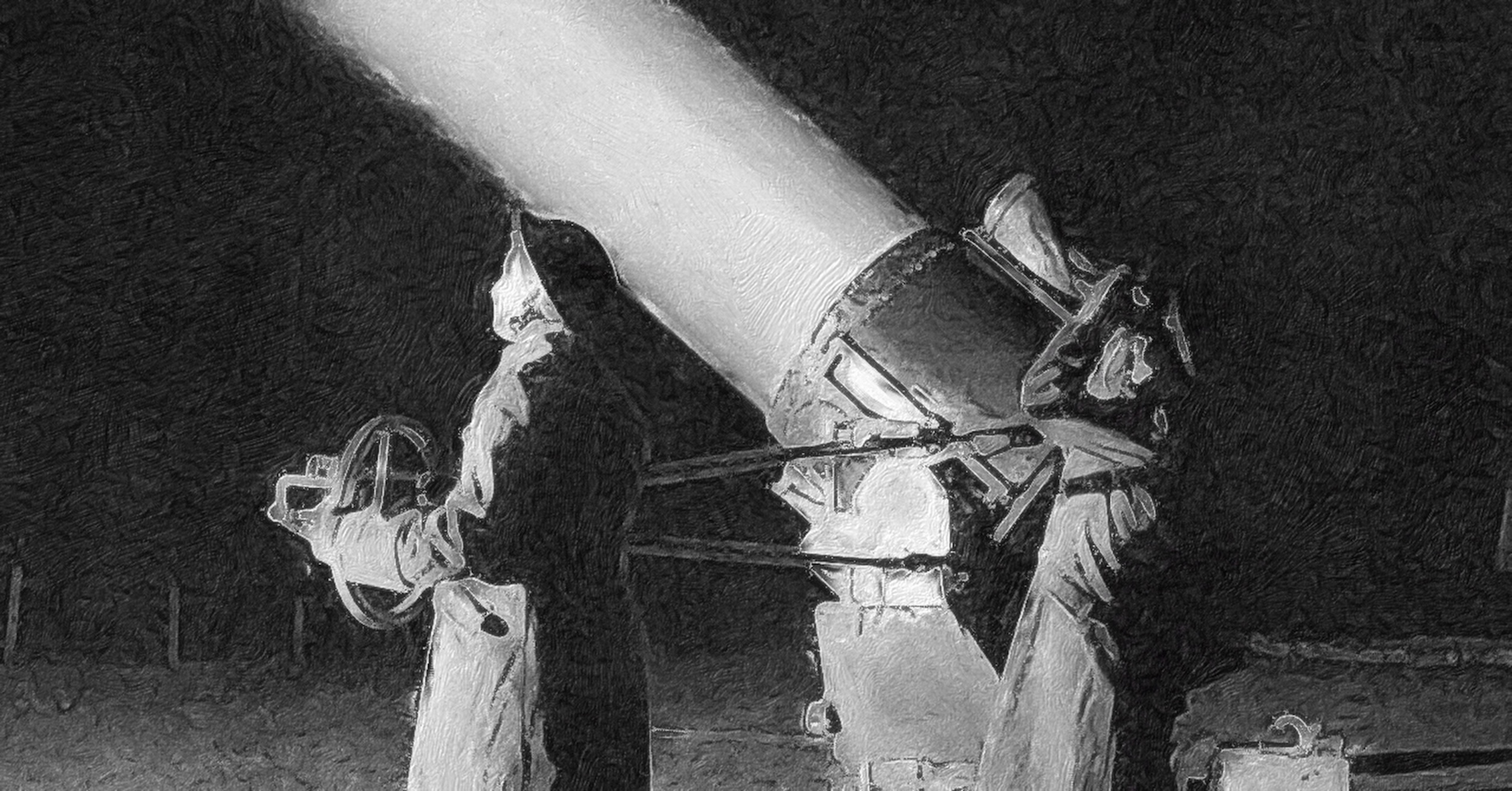 Two people operate a searchlight pointing upwards at about forty-five degrees rising from right to left. Both are looking upwards with their eyes following the beam. The person on the left is holding something resembling a steering wheel at the end of two rods about two or three metres long and attached to the searchlight. The person on the wheel is seemingly able to change the azimuth of the beam by pushing or pulling on the steering wheel. It also seems like rotating the steering wheel might change the elevation of the beam. The person on the right is looking through binoculars. Original caption from source: « The Auxiliary Territorial Service in the United Kingdom 1939 - 1945 ¶ ATS officers-in-training man a searchlight in Western Command, 28 February 1944. Second Subaltern (2/Sub) Janet Holland is nearest the camera with 2/Sub Eileen Eteson behind. The ATS officers were required to spend six weeks at a searchlight site in order to have first hand experience of the work and conditions of the women under their future command. ¶ This is a 90cm projector. The operator moves the light using the wheel at the end of the long arm, in the foreground. This arrangement allowed the operator to stand outside the glare of the lamp. » (📸 Taylor (Lt) via Imperial War Museums under IWM Non Commerical License. The image has been cropped and then processed with the Brushstroke app to simulate a hand-drawn appearance with either pencil or charcoal.)