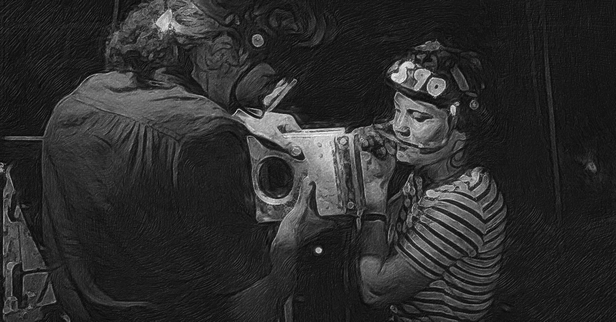 Two women work on an aluminum assembly which is being installed in an aircraft under construction. The photo is lit in a surprisingly artistic way, highlighting the people and the work with a surrounding background which is mostly dark. Both women are wearing transparent facemasks. The woman on the left appears to be wearing coveralls and the woman on the right is wearing a t-shirt with horizontal stripes. Original caption from source: « Two women employees of North American Aviation, Incorporated, assembling a section of a wing for a P-51 fighter plane » (📸 Alfred T. Palmer via Library of Congress and noted as having « No known restrictions on publication ».  The image has been cropped and then processed with the Brushstroke app to simulate a hand-drawn appearance.)
