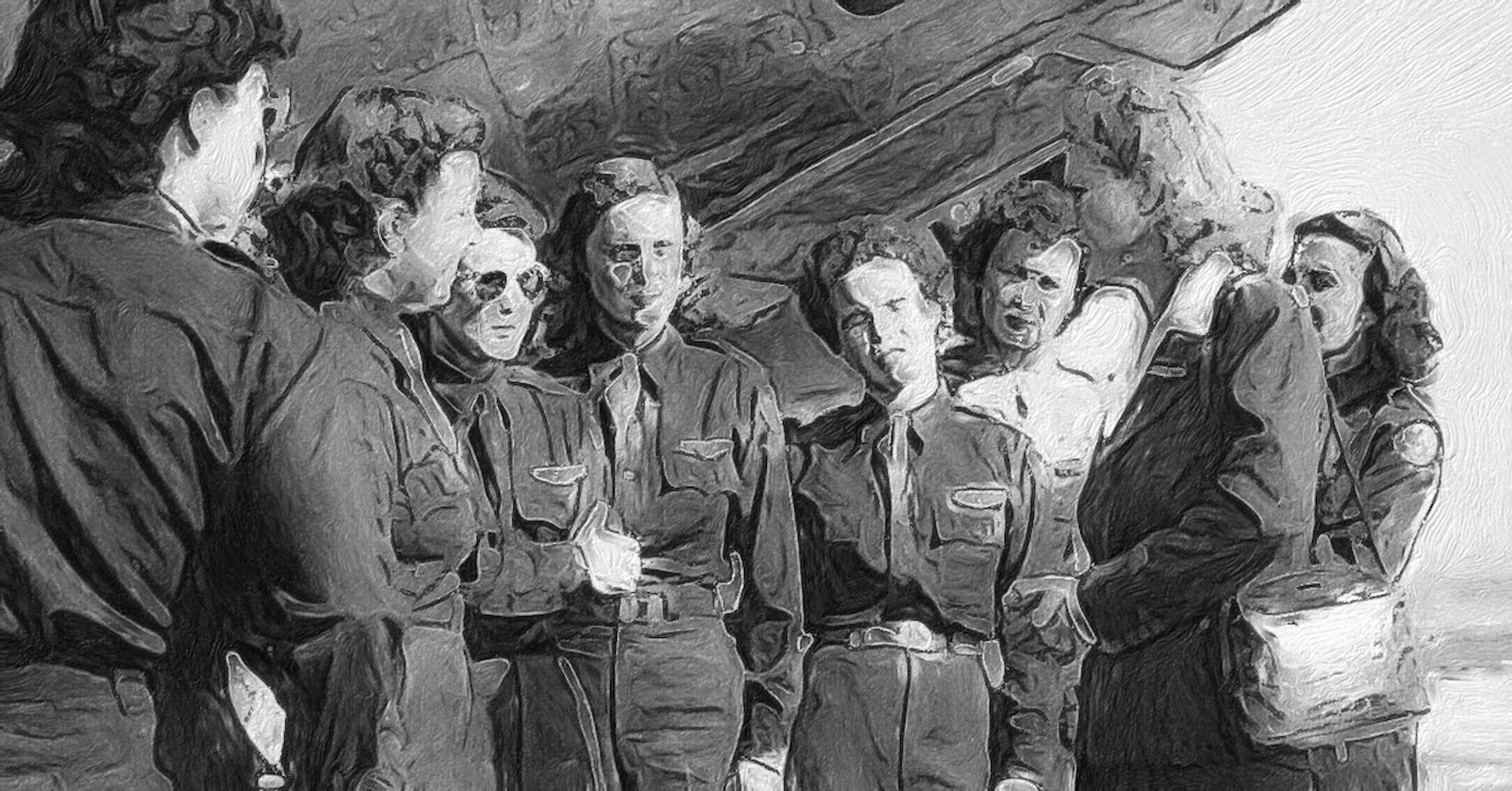 A black and white photo, from what is believed to be the early 1940s, of a group of eight women standing beneath a large, propeller-driven aircraft with a polished aluminum finish. Only the belly portion of the forward fuselage is visible. All but one of the women are in uniform consisting of a dark, man's shirt, tie (tucked into the shirt), and also what appear to be dark, men's pants. One of these women is wearing a pair of aviator-style sunglasses. The eighth woman, to whom the group is listening, is dressed in what appears to be a more formal uniform of a similar colour but with a white, open-collar shirt and a skirt. She is also carrying a civilian handbag. (📸 From the Joyce Secciani WASP Collection of the San Diego Air & Space Museum Archives, via Flickr and noted there as having « no known copyright restrictions ». The image has been cropped and then processed with the Brushstroke app to simulate a hand-drawn appearance)