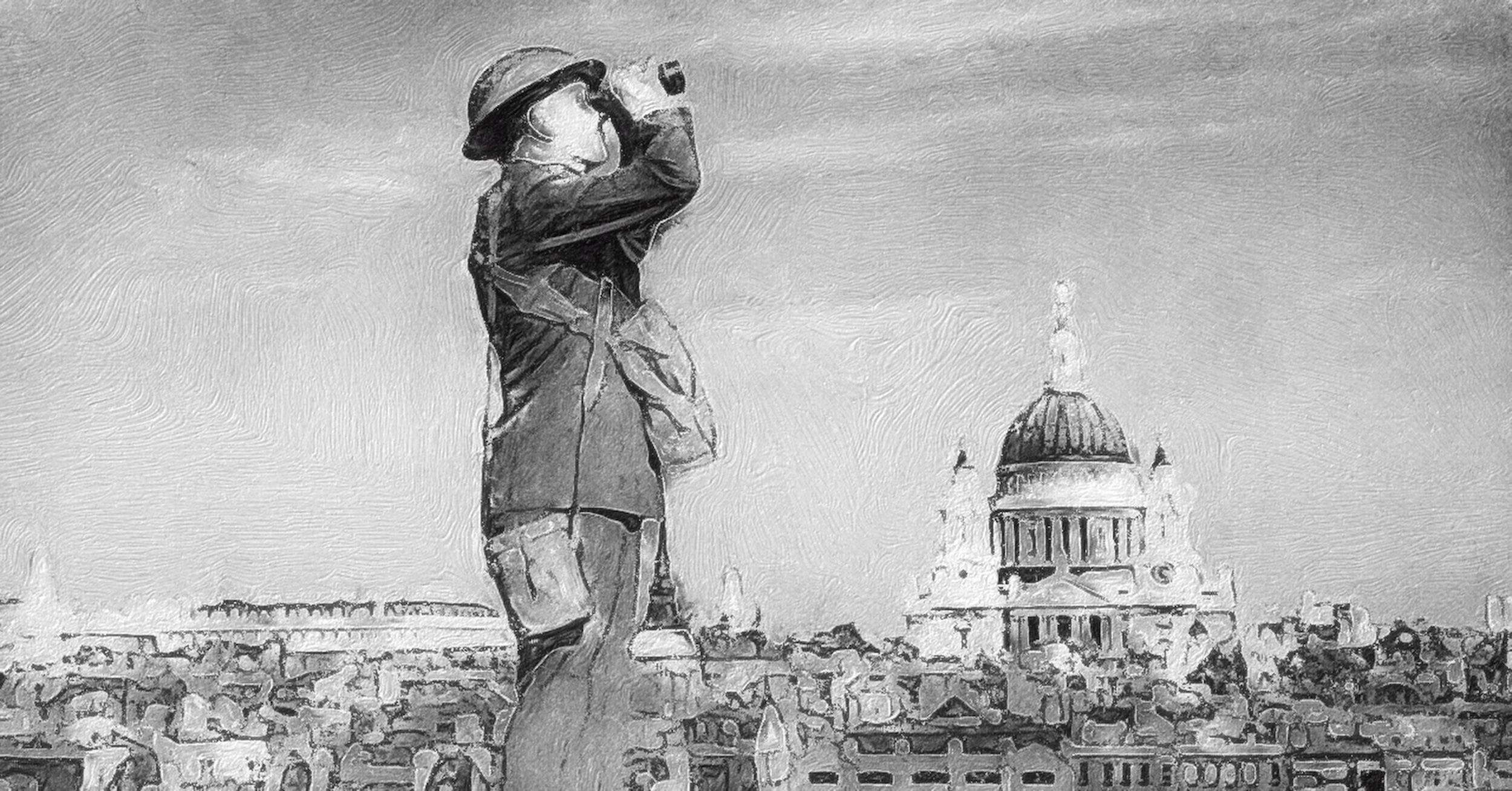 A black and white photo, from the World War II period, of a man looking skywards with a pair of binoculars. He is looking to the right of the frame. He is wearing a British-type metal helmet and a military uniform. The strap for the case of his binoculars is over his left shoulder and the case itself is hanging on his right hip. He has an additional satchel around his neck and hanging at his chest. In the background, to his right, is London’s St. Paul's Cathedral. Between the man and the cathedral is a 'sea' of rooftops. Although cropped out of this image, the man is standing on the ridge of a rooftop. The sky above appears clear with some streaky clouds. Original caption form source: « Observer Corps aircraft spotter on the roof of a building in London during the Battle of Britain, with St. Paul's Cathedral in the background. » (📸 National Archives and Records Administration, cataloged under the National Archives Identifier (NAID) 541899, obtained via Wikimedia and in the public domain. Cropped and processed with the Brushstroke app to simulate a hand-drawn appearance with either pencil or charcoal.)