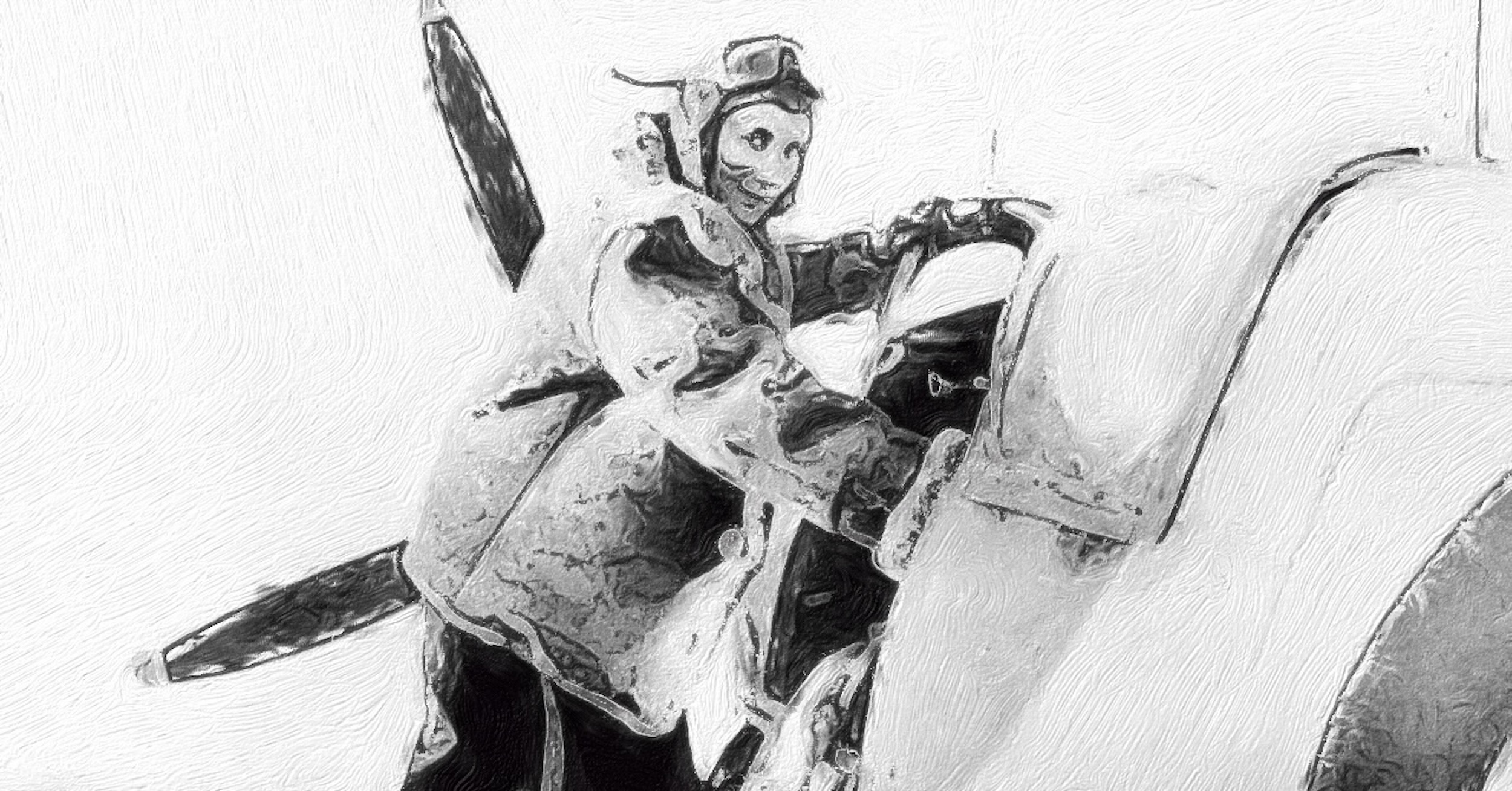 A black and white image of a woman as she climbs into what appears to be a Spitfire taken in 1944. She is pictured from a camera near the tail of the aircraft, looking forward. The image has been processed so as to make it appear it has been drawn with chalk or perhaps painted. Original caption from source: « Diana Barnato Walker climbing into the cockpit of a Spitfire while serving with the Air Transport Auxiliary » The image is provided for illustrative purposes only, as a proxy for 'The Battle Over Britain' fictional character Gwen Stone. Any resemblance or detail shared between Walker and Stone is purely coincidental. (📸 Royal Air Force via Wikimedia in the public domain, with image cropped and then processed with Brushstroke to simulate a hand-drawn appearance)