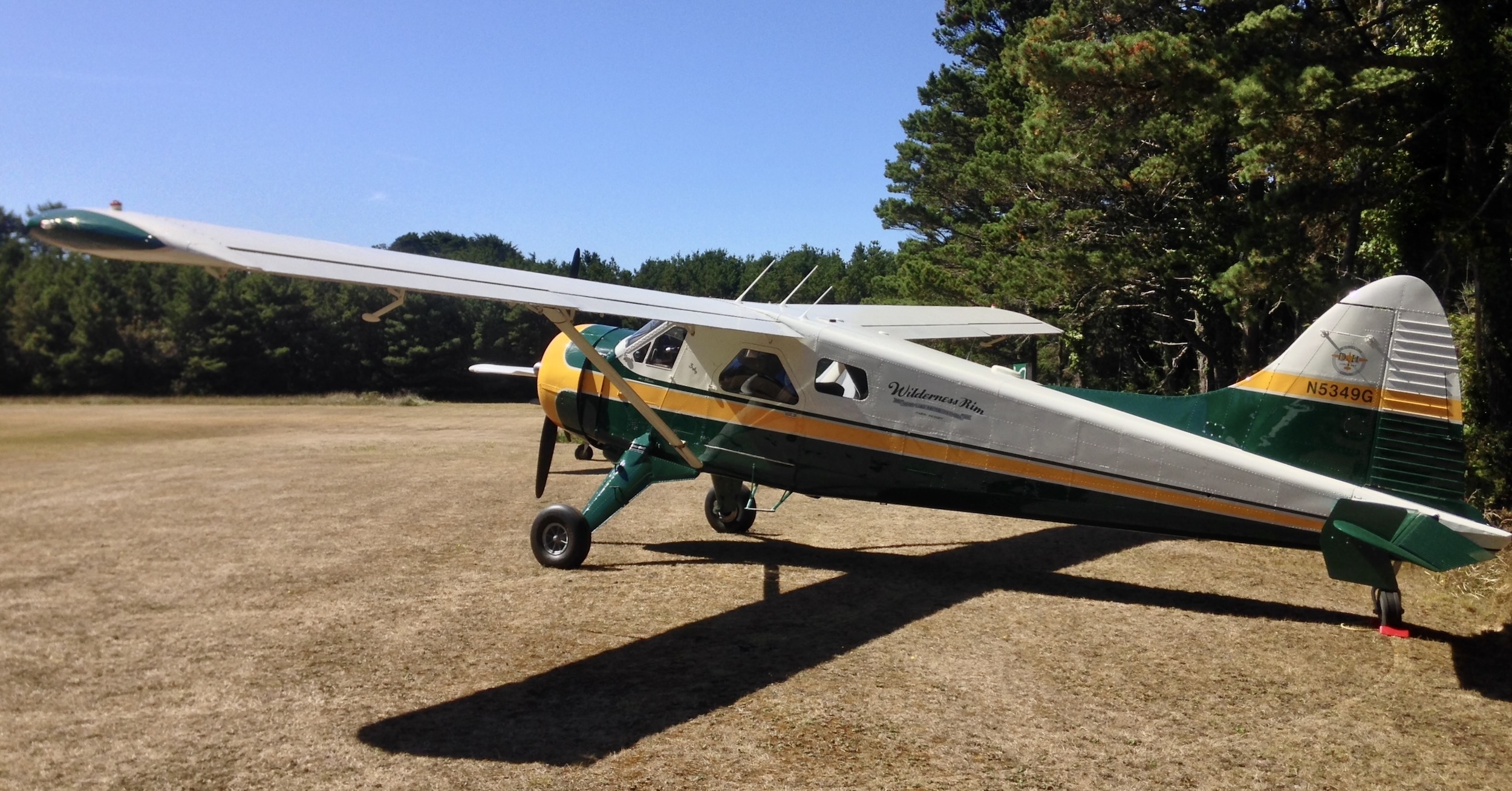 A pristine De Havilland DHC-2 'Beaver' is parked and chocked by its tailwheel on the grass ramp adjacent to the sole, north-south runway at Wakonda Beach State Airport near Waldport, Oregon. This photograph was taken in September of 2016. The aircraft is mostly white on its upper surfaces and forest green on its lower surfaces separated by a yellow stripe. The aircraft is photographed from the left and slightly behind the aircraft which is pointing to the left in the frame. The words « Wilderness Rim » are painted on the side of the fuselage in a script font. Below these are the words « EST. NIMPO LAKE BRITISH COLUMBIA 1954 » painted within a stylised grey ribbon. Below these, the words « CABIN RESORT » appear written in a font made to appear as hand printing. The aircraft's registration, « N5349G », is painted on the yellow trim stripe on the vertical stabiliser. Above the registration is the class De Havilland logo. Although it is mostly obscured, there is a second aircraft behind the 'Beaver': a Cessna U206F 'Stationair' with the registration « N8123Q ». The ramp area on the runway beyond is short brown grass. In the background is a vivid evergreen forest lining the ramp area as well as the runway. The sky above is gin-clear blue. Based on the shadows being cast, it appears to be a bright, sunny day. (📸 Terence C. Gannon)